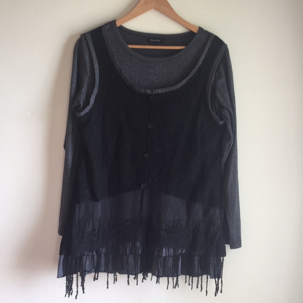 Panitti faux crochet&lace vest over gray tunic